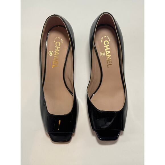 Chanel Patent Leather Peep Toe Two Tone Heels - Picture 3 of 10